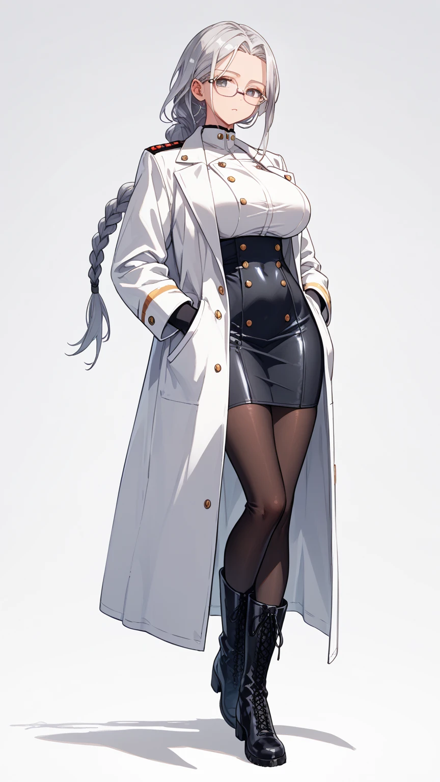 female, black messy long hair, red eyes, dark skin, (((1girl))), (((white lab coat))), (black blouse), (black knee length skirt), (black stockings), (gold heels), cute and sexy, full body, large breasts, long legs, smiling