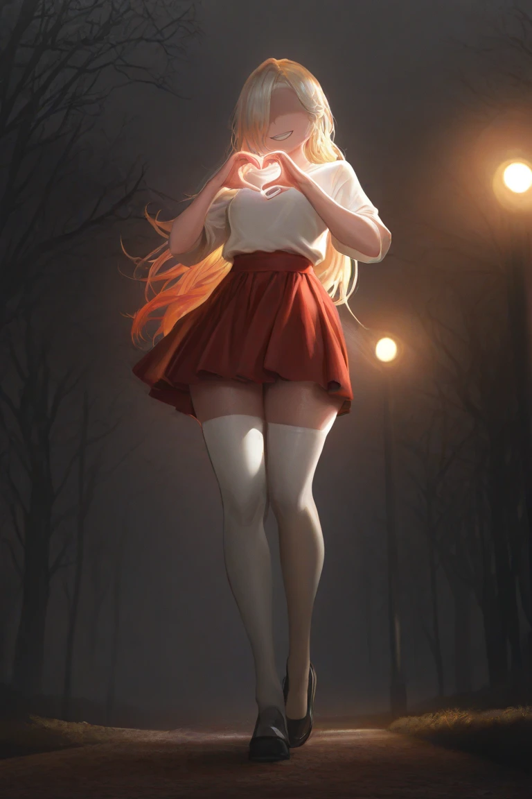 ((NSFW, , best quality, amazing quality, very aesthetic, extremely detailed, intricate details, minute details, detailed background, dramatic cinematic lighting:1.4,incredibly_absurdres, hard light:1.4, masterpiece 8k, vivid colors, rich palette, score_9, score_8_up, score_7_up,), Park, sunset, 1woman, no eyes, blonde hair, long hair, white T-shirt, red skirt, white thighhigs, small breasts, thick thighs, long legs, tall, wide waist, heart hands, eldritch horror, wide smile