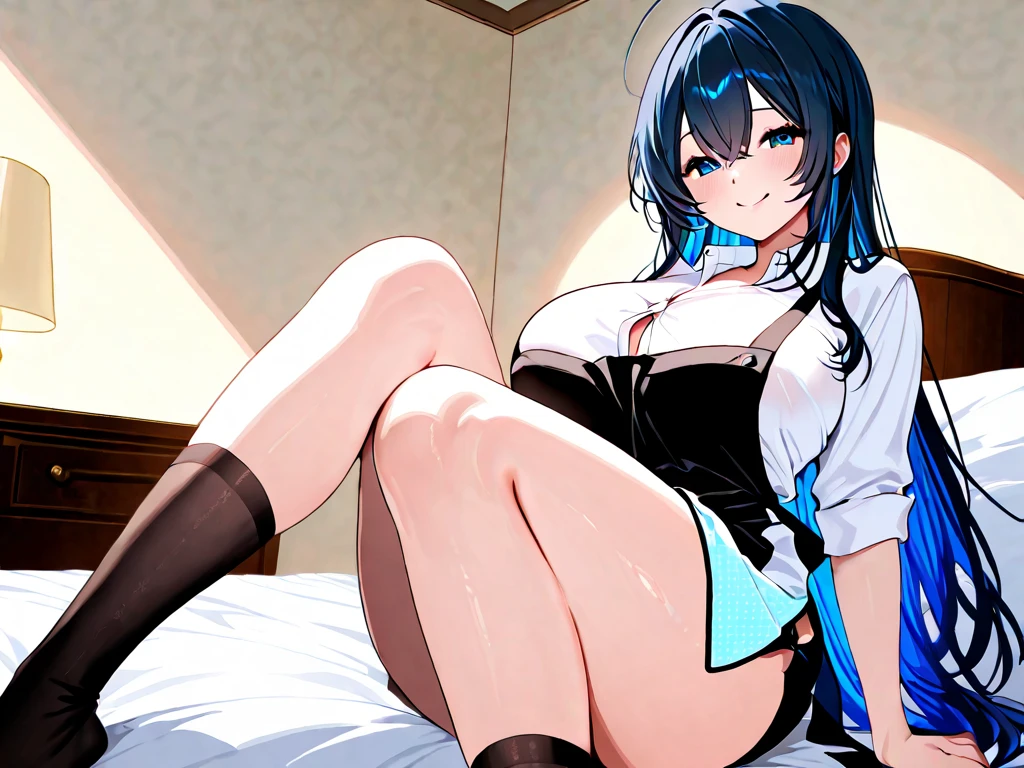 (Put your index finger over your mouth),(From knees to head),Sit on the bed,((Images featuring only one woman)),(Sweating),( Blushing),Highest quality, High resolution, nsfw ,unity 8k wallpaper, (figure:0.8), (Beautiful attention to detail:1.6), Highly detailed face, Perfect lighting, Highly detailed CG, (Perfect hands, Perfect Anatomy),(5Finger),(Glare),Taimanin, Hachizu Purple, (Red eyes),Slanted Eyes, Blue Hair, White skin, Muscular woman, Long hair down to the waist,break shirt, bow, bowtie, red bow,break ((白色のTaimaninスーツ,No bow tie around the neck)), (黒色のTaimaninブーツ) , (Taimaninのガントレット),break indoors, break (masterpiece:1.2),((There is nothing)),Two hands,reaching,The pants are white,(Big Ass)