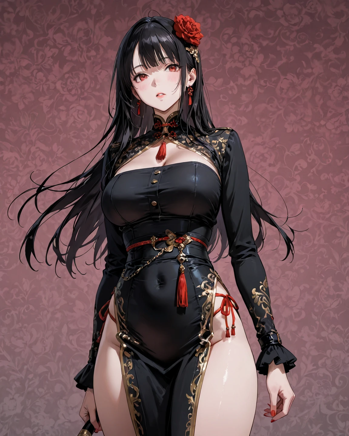 Beautiful girl with long straight black hair and smooth bangs，Hair band，Hairpin，，cleavage，thong，Chinese dress，Big sleeves，，black stockings，sandals，Standing(Delicate face:1.2),