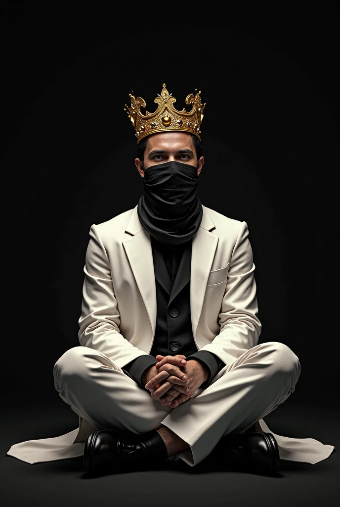 The king has a golden crown, sitting cross-legged on the left leg on a chair with a black-wrapped face dressed in a modern white tuxedo, with black shoes. black background.