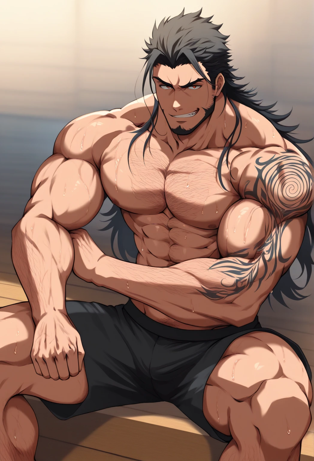 muscular female,black long hair,topless,road,, ,pecs,abs,muscular shoulder, thick arm,biceps,embarrassing,open mouth,muscular thighs,Chinese art style
