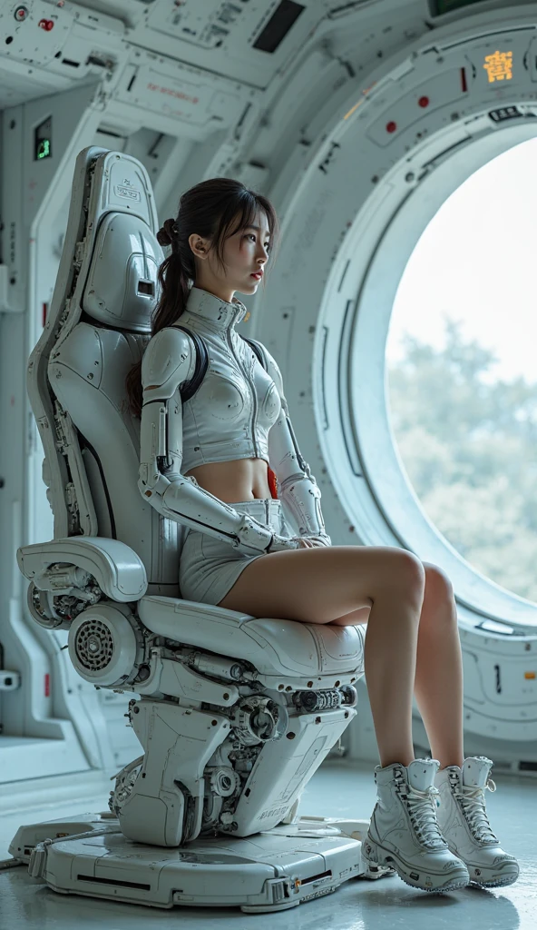 UltraRealistic Cyborg Girl, Her Hands and Legs merged with Electronics.