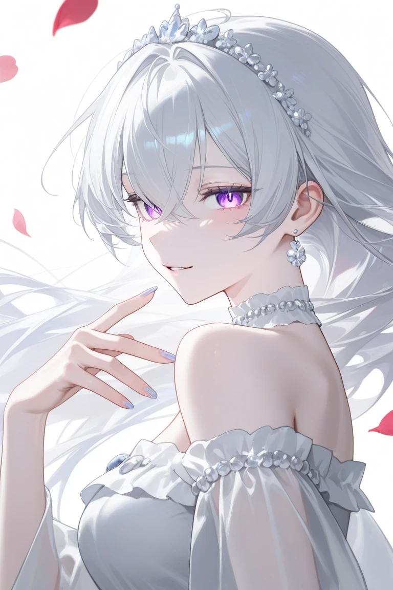a women, white hair, purple eyes, white dress