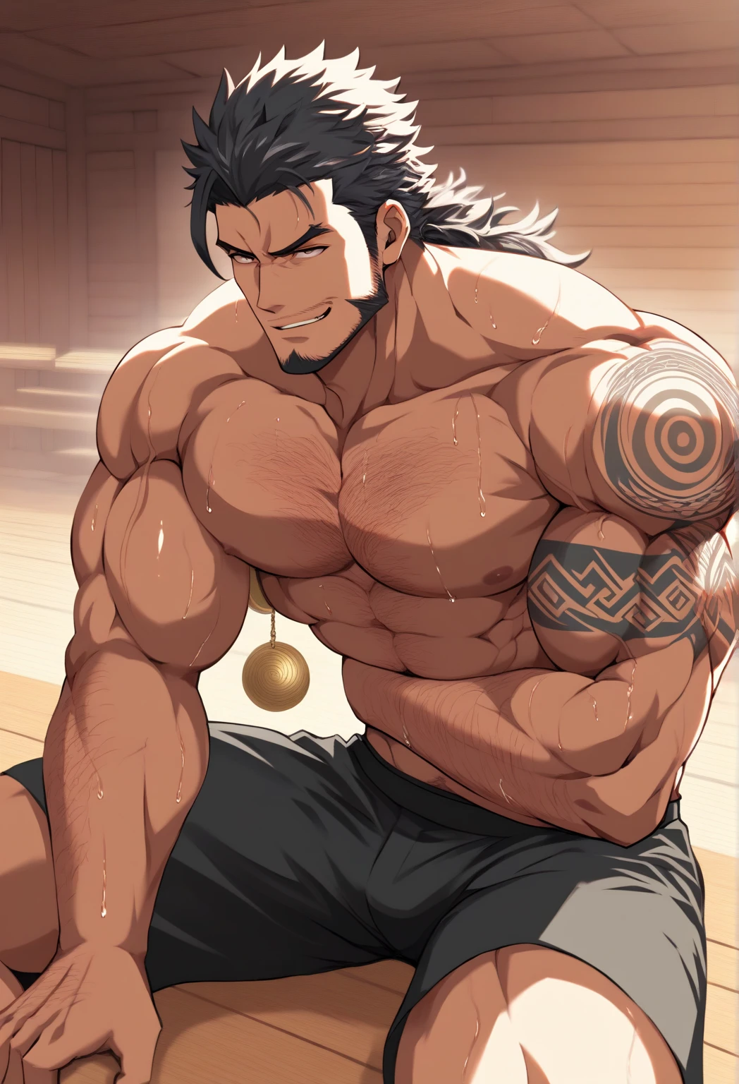 1 man, 35 years old, look at me, good face, muscles, show body muscles, cold face, big chest, show one armpit, a littel fat, shirtless, without clothes