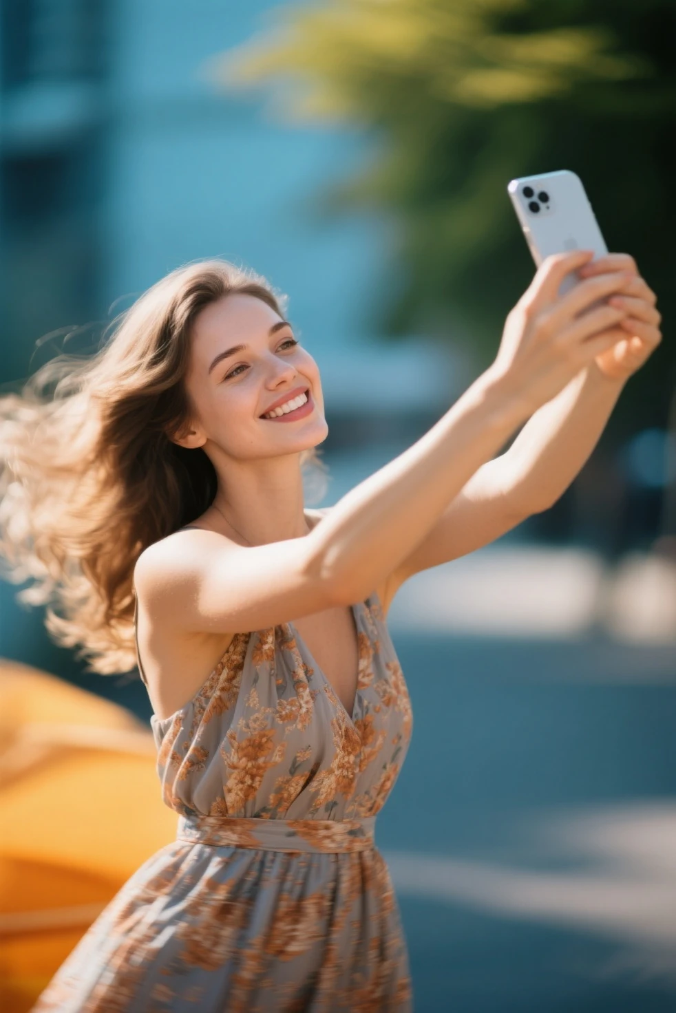 blonde girl, age 25, Grinning,yellow strap dress, stopped very close to a huge bougainvillea. Posing for a selfie with your smartphone.Entrance to an alley in Provence. Bougainvillea in arch decorating entrance. Typical cheese factory.Filtro Foggy. style of photographer David Hamilton.