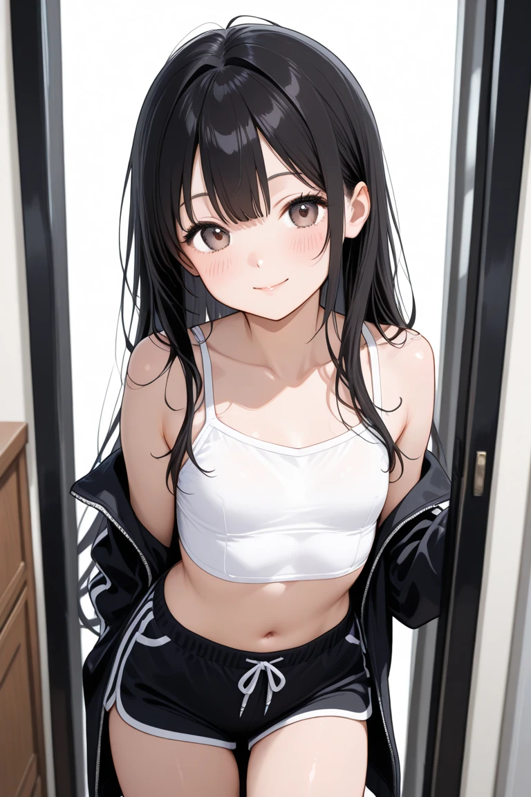 ((masterpiece, highest quality:1.2)),cowboy shot,1woman,20 year old beauty,solo,((very small head)),long hair,dark brown hair,brown eyes,blunt,((very long and slender body)),toned body,skinny,medium breasts,oily skin,shiny skin,smile,sweat,White tube top bra、navel、Leather micro shorts、Leather Gauntlets、waiting room、Arena、Colosseum、