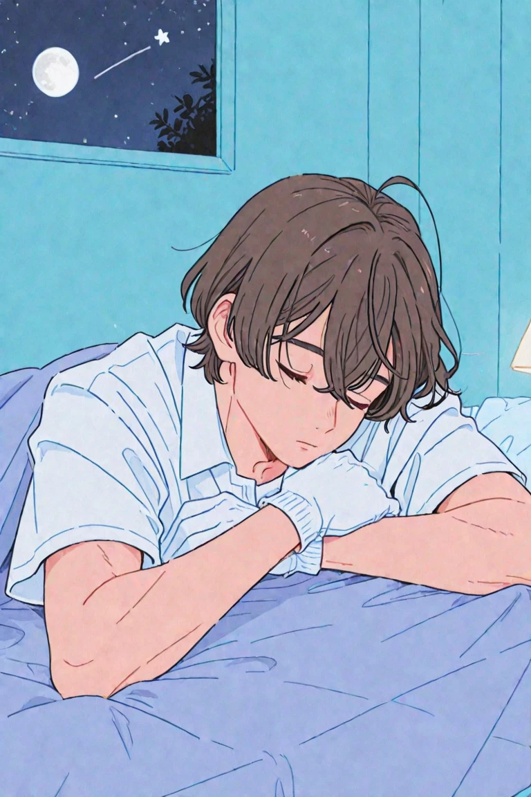 anime boy leaning on his arm, ((red curly hair )), praise artstyle, praise feel, cute anime pose, praise portrait, thoughtful pose, lo-fi illustration style, in the art style of 80s anime, praise art, praise, they be colors, they be, inspired by Bian Shoumin, official fanart
