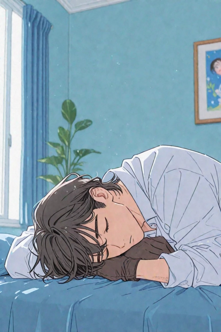 watercolor,male,youth、Hosomi、Back view,One person,Gazing into the distance from the window,The whole room moves,White T-shirt,Messy room,crouch,cry,sad,high resolution