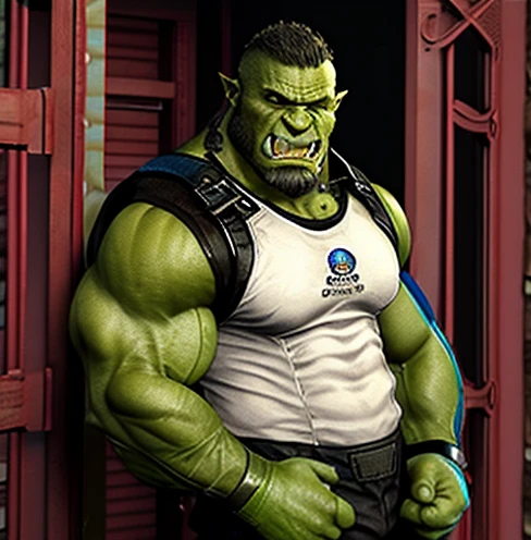 Black green old giant sitting in sauna full body photo,Too much muscle。Bronze body in shorts is particularly large