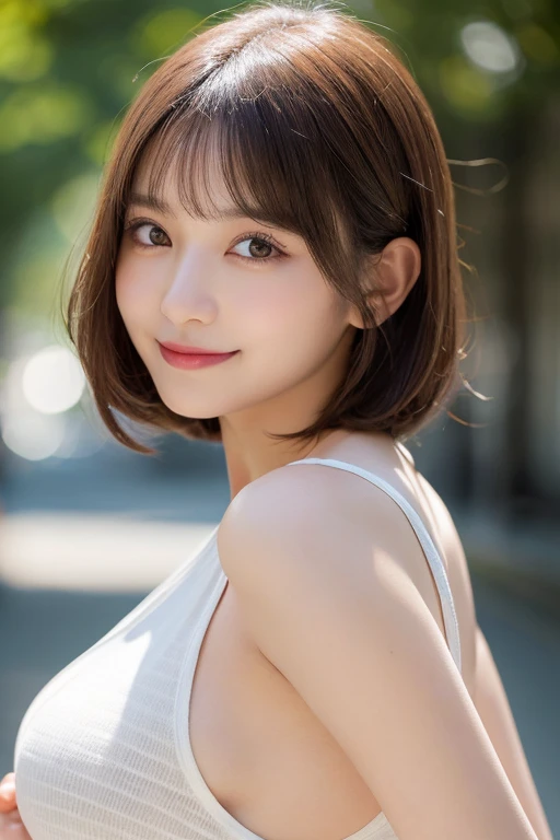 masutepiece, Best Quality, Illustration, Ultra-detailed, finely detail, hight resolution, 8K Wallpaper, Perfect dynamic composition, Beautiful detailed eyes, Women's Fashion Summer,Short bob hair,Small breasts natural color lip, Bold sexy poses,Smile,Harajuku、20 years girl、Cute、Sexy shot looking at camera