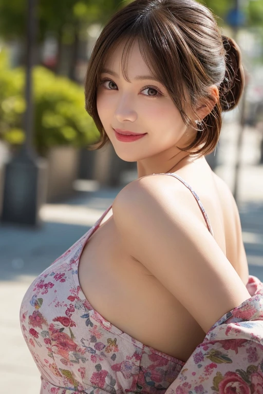 masutepiece, Best Quality, hight resolution, 1girl in,
(Japanese beautiful girl:1.2),
Professional Lighting, Physically-based rendering, Very cute,
messy long hair,
wavy bob,
over shoulder,
swept bangs,
big eyes, black eyes,
extremely detailed eyes and face,
(eyes with beautiful details:1.2),
mature, 45 years old, ssmile, Sensual pink yukata, Yukata collar, Strapless,
(large full breasts:1.3),(constricted hips:1.3), (Exposing breasts:1.2), cleavage of the breast, Chest seems to protrude,
Bold design,
perfect body, beautiful body line, sexual excitement, Sexual expression, Hands to the side, The yukata is fluttering.,
Detailed depiction of costumes,
Streets of Kyoto, Castles,
captured with a high-resolution lens like Nikon AF-S NIKKOR 85mm f/1.8G, hyper realistic, 8K,
cowboy shot, front view