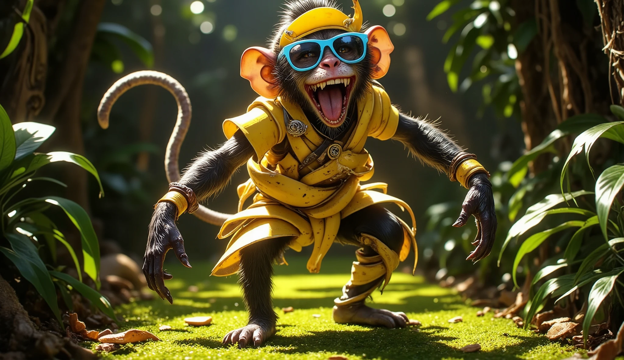 Monkey in Banana Peel Streetwear
"A cheeky monkey striking playful poses on a mossy jungle catwalk, wearing a casual but stylish outfit made of curled banana peels, accessorized with blueberry shades and a mango-slice hat, jungle drums in the background, tropical plants lit dramatically, photorealistic and vibrant"