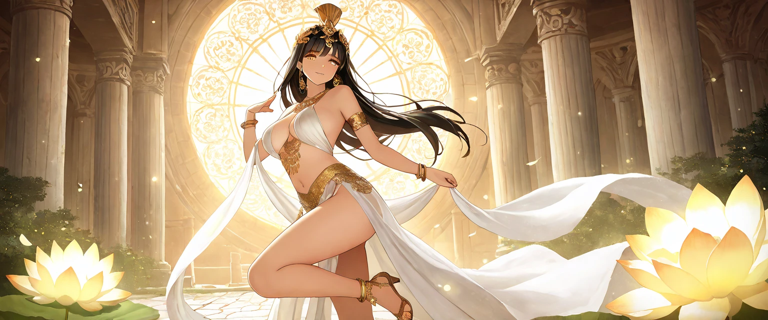 long hair, black hair, medium breast, slim legs, happy, white gown, cleavage, arabian belly dancer , skirt, rin tohsaka, twin tail, navel, garden, night, blue eyes