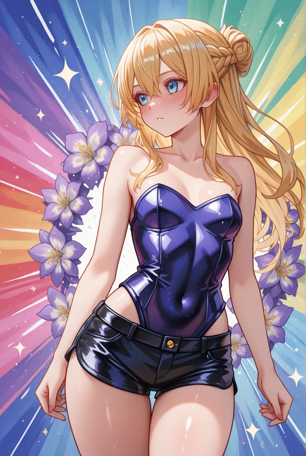 (flat color:1.1),(masterpiece:1.2), best quality, masterpiece, original,curly blonde hair and blue eyes, (mature anime bunny woman looking at the camera with a shy smile:1.2), wearing a sexy bunny outfit, field bg