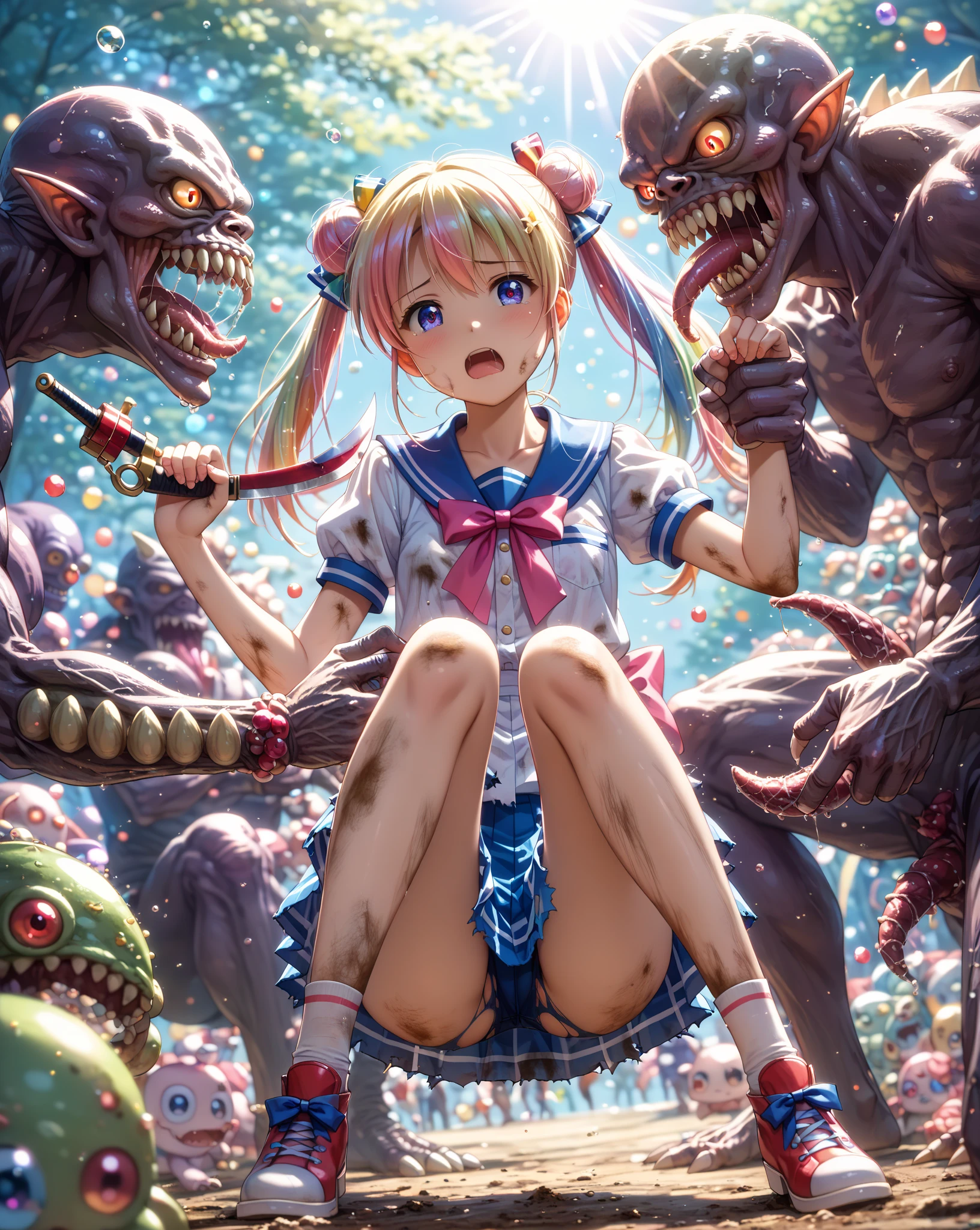 (Ultra HD, Highest quality, High resolution, Hyperrealistic, super beautiful), 24000dpi, One beautiful woman, high school girl, Long Ponytail, Well-formed eyes, be scared, screamをあげる, cry, 18-year-old, Alluring, Completely American, perfect body, Physical Beauty, scream, cry, ((Japanese Sailor Suit:1.5, Pleated mini skirt)), Absurd, ((nsfw)), (((Anatomically correct1.3))), (((Five baby goblins are touching her body, The goblin put his head inside the skirt, Lower body attack))), Humiliation, humiliation, JK Raper, whole body,Outdoor, in the forest, Dark Night