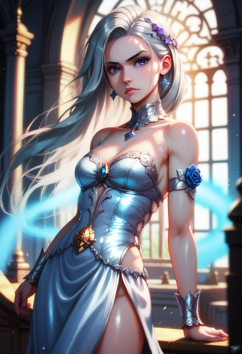 (The best quality,A high resolution,Ultra - detailed,actual),Ariana Grande castillo Gothic victoriano, grin, , (White gray hair :1.4) , thigh straps, garter belt,(mini skirt white :1.4), (transparent panties:1.4) , Gothic, (white corsé: 1.2), fine and transparent gold jewelry, small necklace with a silver cross (fishnet pantyhose: 1.2), long gloves, medium and round and firm ass, medium perky breasts, (low angle) ), pale blue eyes, dark background, soft shadows, candlelight, barely visible nipples, noble, small gold wedding ring,(perfect ??????? :1.4), (cinematic lighting :1.4), ,(Ruined dungeon ruins background:1.4 ), (Ariana Grande :1.4), (five fingers, Four fingers and thumb),(not mutations), Epic Fantasy Art Style HD, 4K fantasy art, epic fantasy digital art style, epic fantasy art style, Fantasy Woman, epic fantasy art portrait, Epic fantasy style, hyperrealistic fantasy art, hd fantasy art, Epic fantasy character art, epic fantasy art, in style of dark fantasy art, epic fantasy digital art, (face detailed Ariana Grande :1.4) 