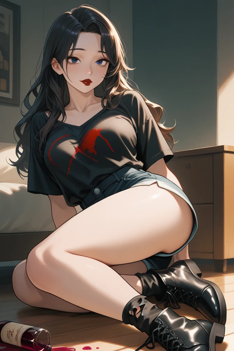 woman, sexy woman, female, mommy, black hair, red eyes, detailed eyes, detailed lips, big breasts, midriff peek, doctoruniform, sit with crossed legs, bedroom, evil smile, seductive lips, looking back crop top overhang, adjusting hair, pony tail, skirt