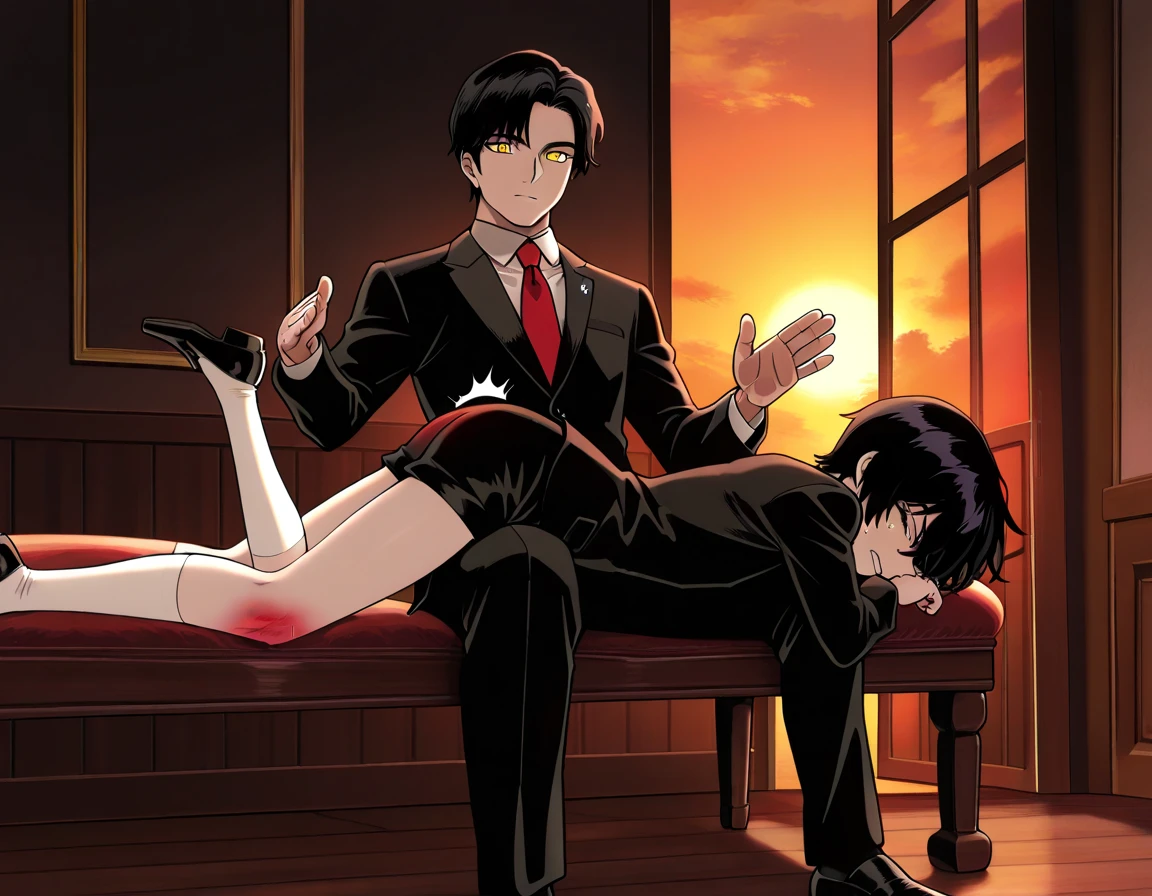 A 15-old-year boy laying on tummy on the lap of an 40-year-old adult man sitting on a wooden chair. The boy (Ren Tao) is wearing a yellow school blazer, white formal shirt, red school tie, tight black school short shorts, white school knee socks, black formal shoes, black short hair, light skin, yellow eyes, tears, legs and hands down, nice butt. The adult man wearing a black formal suit. The dark bedroom. ((boy laying on tummy pose, spanking, lines, spanking lines, otk)). Masterpiece, detailed, sunset light, well-defined, high-qualit, cinematic, focus on the boy (Ren Tao)
