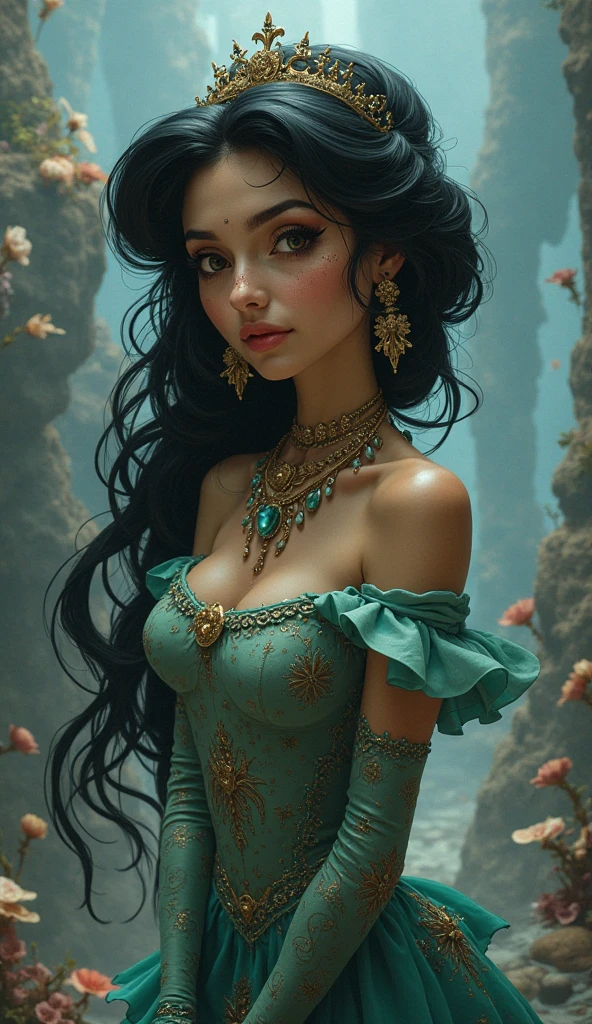 (best quality,4k,8k,highres,masterpiece:1.2),ultra-detailed,(realistic,photorealistic,photo-realistic:1.37),DigiArt Style,looking at viewer,full body,digital art,1girl,solo,long curly hair,black hair,azur eyes,earrings,full lips,eyelashes,makeup