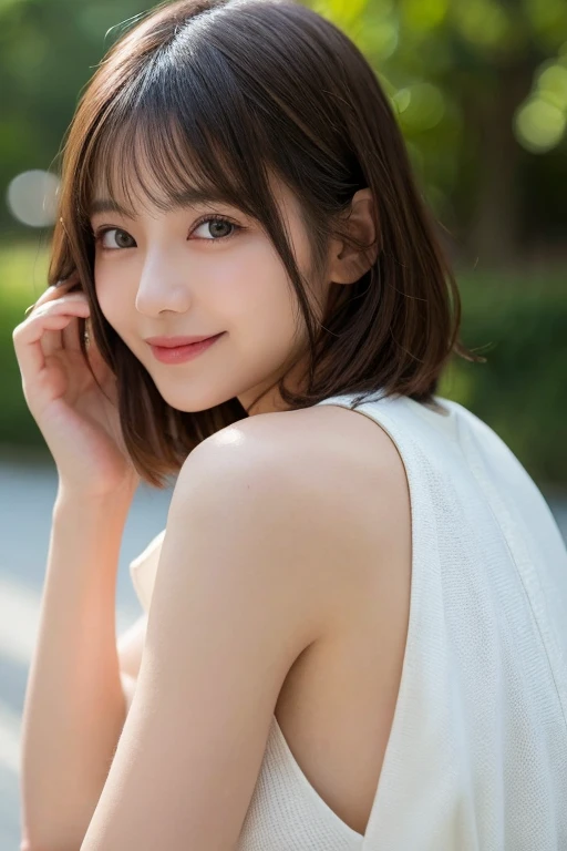 (RAW photo, highest quality), naked, Sheer Dress, tight waist、necklace, 、very delicate and beautiful, soft light, (brown hair, short hair swaying in the wind, bangs), beautiful detailed girl, (finger details), highly detailed eyes and face, beautifully detailed nose, beautiful and detailed eyes, 1 girl, Japanese, Neat beauty, cute, young, smile, , (medium breasts), realistic face, realistic body, naked, The hair on the skin shines、rough skin、mole on face and chest、A piece swaying in the wind、stare at the camera、tight waist、garden、Bokeh 、smile
