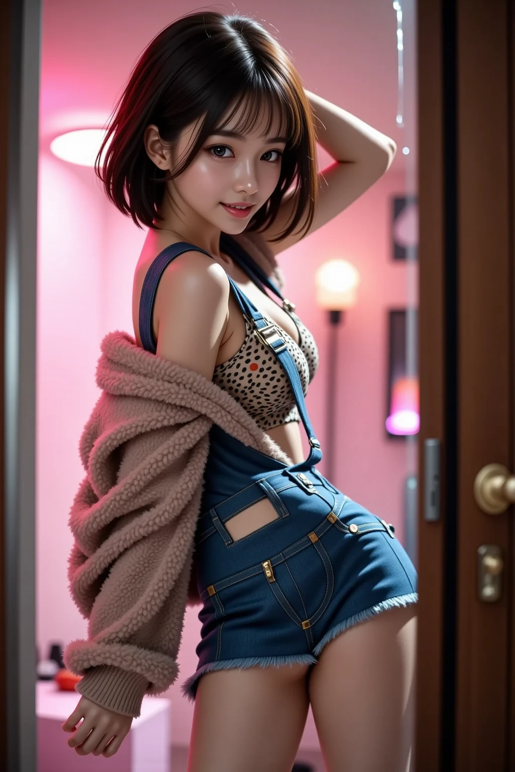 ((full body)),((full pose picture)) Masterpiece: 1.3), (8K, Photorealistic, RAW Photography, Best Quality: 1.4), Japan Girls, Standard Body Shape: 1.3, (black straight bob Hairstyle: 1.2), Ultra Detail Face, Eyes of Detail, Double Eyelids, slim legs, slim body, 20 years old girl, teen, ((standing)), Slouching Breasts, Sharp Focus: 1.2, Pretty Women: 1.4, Light black Hair, Top Quality, wink, blushing, Masterpiece, happy face, round earrings, Ultra high resolution, firm buttocks, black eye shadow, (photorealistic: 1.4), very detailed and professional lighting, smile, teeth, livingroom, ((looking back)), hearth choker, ((short jeans)), ((blue jeans:1.4)), ((underboob:1.4)), ((black thirt:1.4)),((fishnet stockings:1.4)), ((show feets:1.4)), ((feets:1.4))