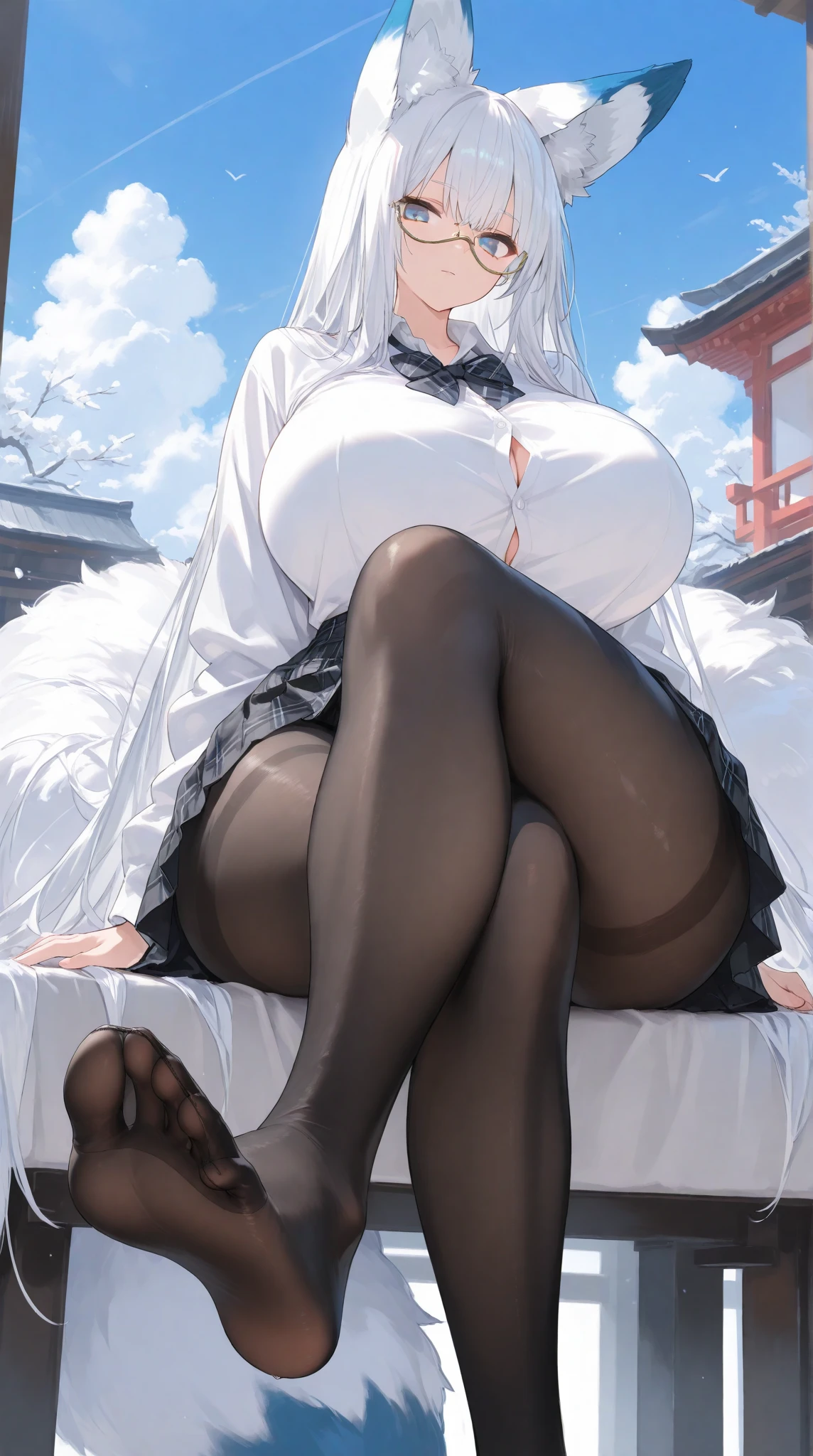( Beatiful sexy white socks ) , black skirt , white panties , bra , big breasts , NSFW , tall legs , smile , ( milf ) , HD , detailed eyes , white hair , ( squating panchira ) , sitting , squating , water falling from pussy, extra horny, horny smile ,