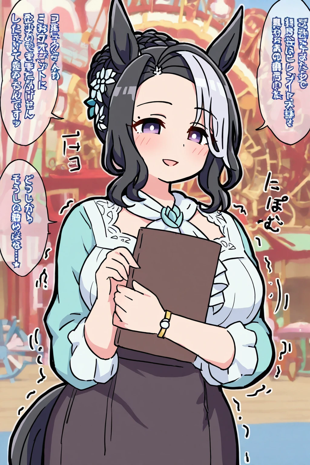 ,solo,high resolution,shaking line,shaking,mature women,(Uma Musume),Mejiro Ramonu,happy expression,Amusement park background ,