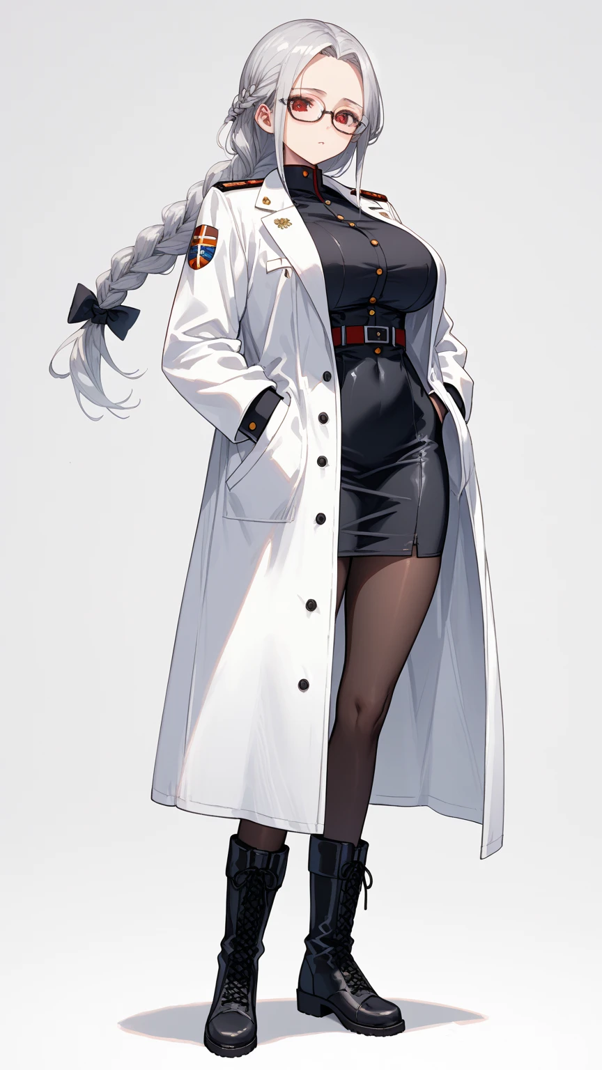 female, black messy long hair, red eyes, dark skin, (((1girl))), (((white lab coat))), (black blouse), (black knee length skirt), (black stockings), (gold heels), cute and sexy, full body, large breasts, long legs, smiling