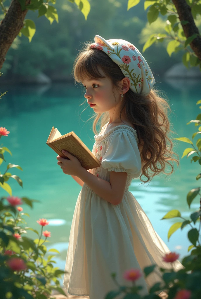 a little girl wearing a hat and reading a book, realistic cute girl painting, kawaii realistic portrait, adorable digital painting, cgsociety 9, storybook art, carlos ortega elizalde, realistic anime art style, photorealistic anime girl render, beautiful character painting, realistic anime style at pixiv, beautiful fantasy art portrait, beautiful digital painting, childrens book art