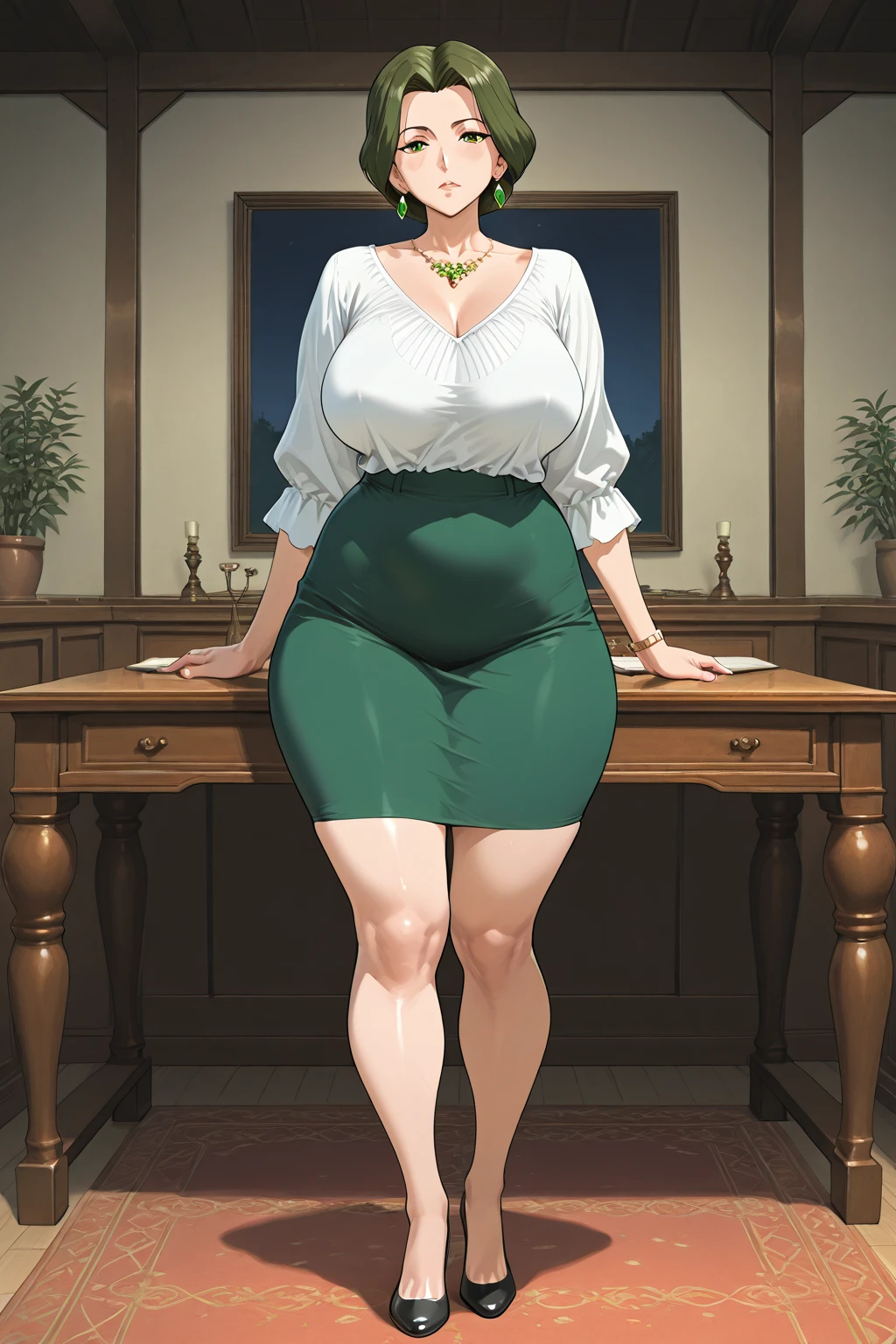 art by kipteitei, 1girl, tsunade, massive breasts, massive belly, wearing dark green underwear and green robe, chubby (best quality, masterpiece), ahegao, wide hips, thick thighs, huge ass, enormous huge natural breasts, cleavage, mature mom,