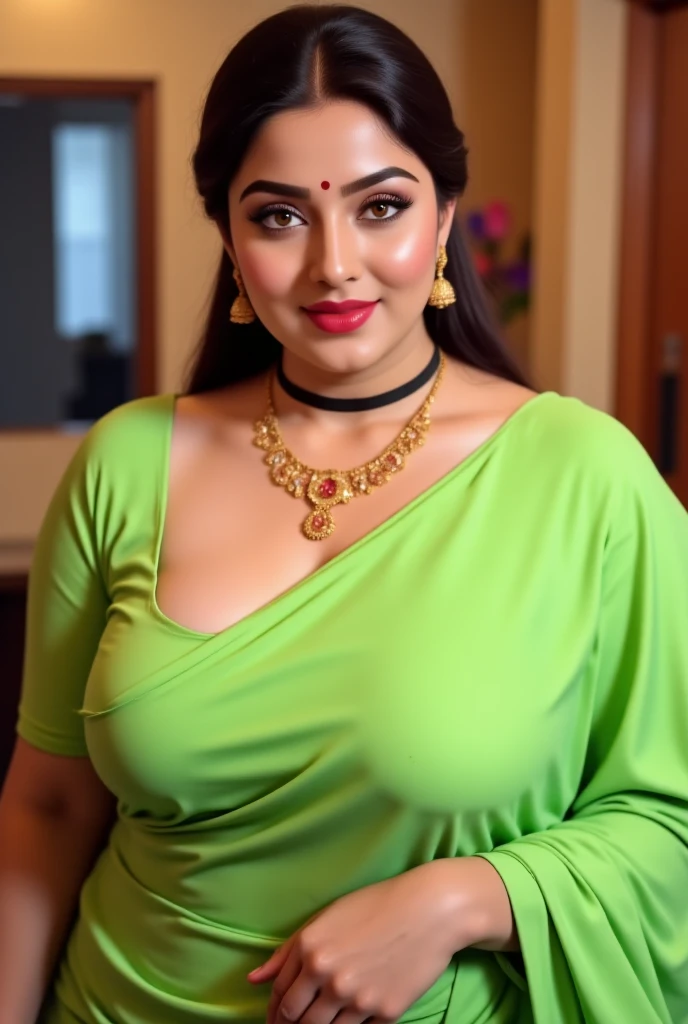 a woman in a sari posing for a picture, goddess, perfect figure, big cheeks, swooping breasts, traditional beauty, jaw-dropping beauty, big boobs deep cleavage sexy navel