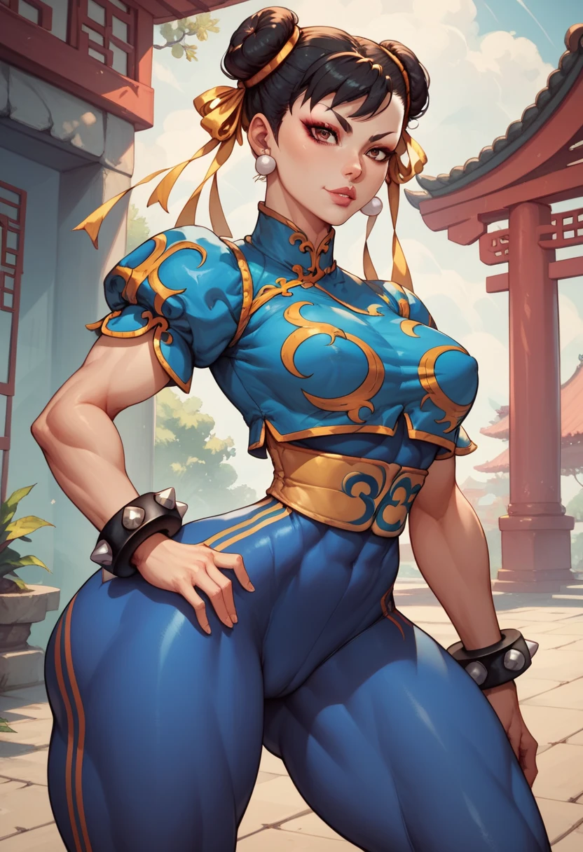 (Muscular:1.5), (thick thighs:1.3),
(asian female, pale skin, black hair, hairbuns:1.6), (adult), beauty mark,
(earrings, eyeshadow, lipstick),
detailed eyes, (big smile:1.2), detailed skin,
(small breasts:2),
(chun li outfit:1.5), (spike bracelets, brown pantyhose:1.5),
(upper body view:1.3), (looking at viewer), (three quarter view:1.2),
abandoned japanese village, rim lighting, two tone lighting, dimly lit, bokeh