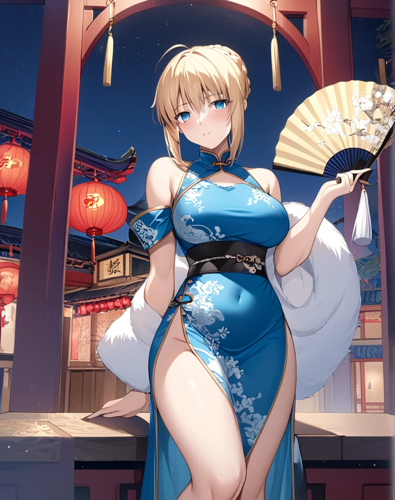 Anime style, super fine illustration, highly detailed, beautiful detailed, pale tone image, static representation, gentle expression, 8k, pretty 1girl with blonde straight short hair & blue eyes & a bright smile & huge breasts & nipples & soft fair skin is wearing the yukata, yomise of Japanese festival is background, brilliant particles of lights, romantic stories, solo, perfect fingers, perfect arms, perfect legs, masterpiece.