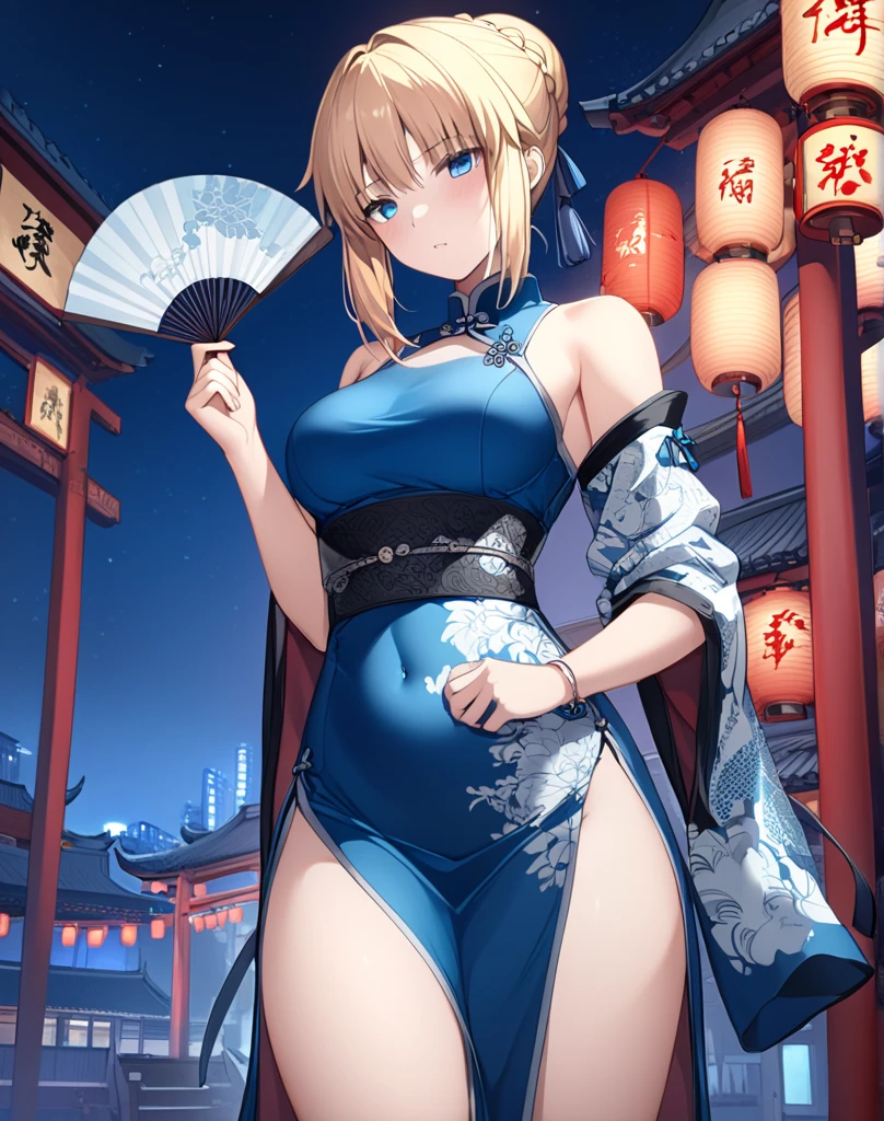 Anime style, super fine illustration, highly detailed, beautiful detailed, pale tone image, static representation, gentle expression, 8k, pretty 1girl with blonde straight short hair & blue eyes & a bright smile & huge breasts & nipples & soft fair skin is wearing the yukata, night fairs of Japanese festival is background, neon, brilliant particles of lights, romantic stories, solo, perfect fingers, perfect arms, perfect legs, masterpiece.
