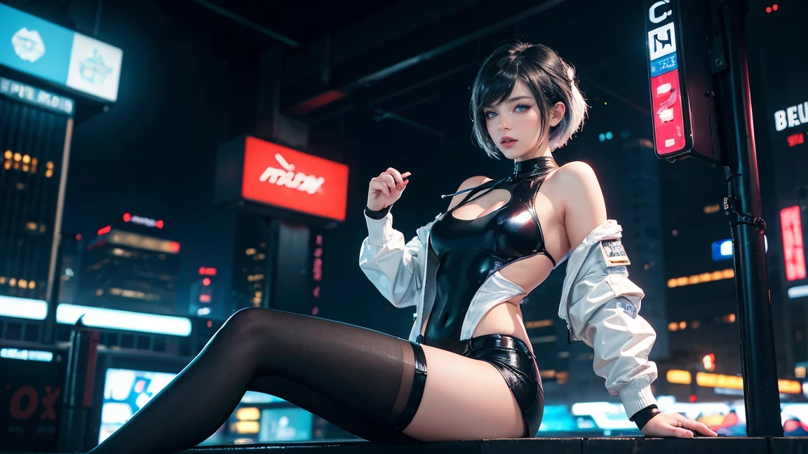 (masterpiece), Highest quality, Expressive eyes, Perfect Face, High resolution, One girl, alone, Gray Hair, Jacket, Ahoge, Fingerless gloves, abdomen, (Sheer panties), Crack, Put your hands on your hips, Leaning forward, smile, Fantasy Background, particle, magic, Are standing,Cowboy Shot, Looking at the audience, from the front,night, Abandoned city,