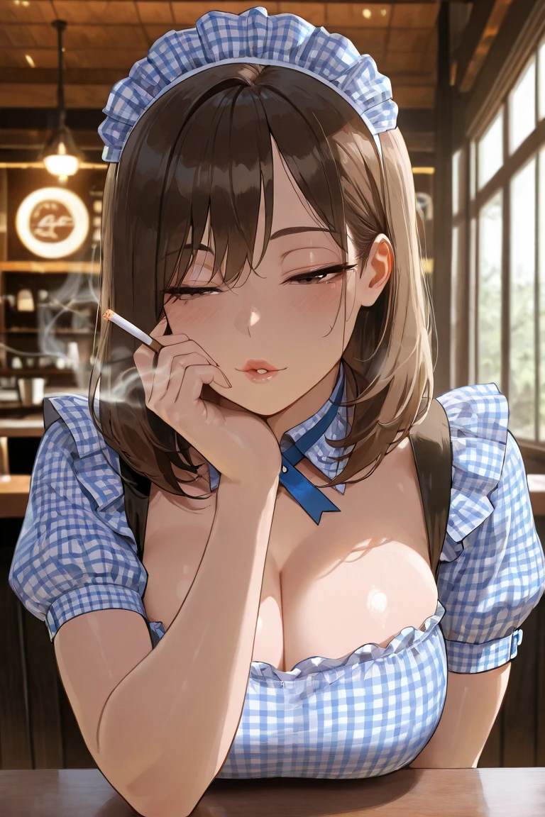 ((best quality)), ((masterpiece)), ((detailed)), (((perfect face))), (((slender 18yo age girl))), (((medium brea ((((topless)))), (((dark blue pleated skirt))), ((dark brown hair)), ((short ponytail)), (((blue eyes))), ((shy:1.3)), ((blushing:1.5)), (((bare chest))), ((bare stomach)), ((bare shoulders)), (((bare arms))), (((standing))), ((((fancy café, windows)))), (((carrying tray of cups)))