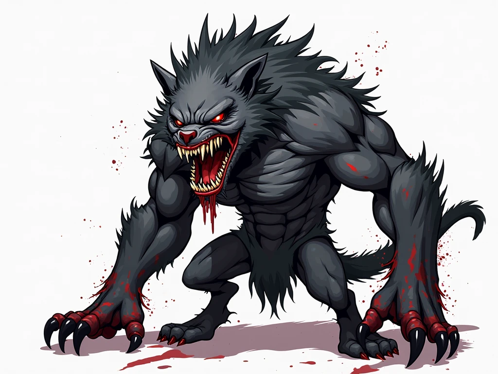 drawning, sharp colors, A werewolf, ripped airline pilot pants , gray hairs, yellow  eyes, long scar on chest, ferocious, blood stains on hands, white background, fully body 
