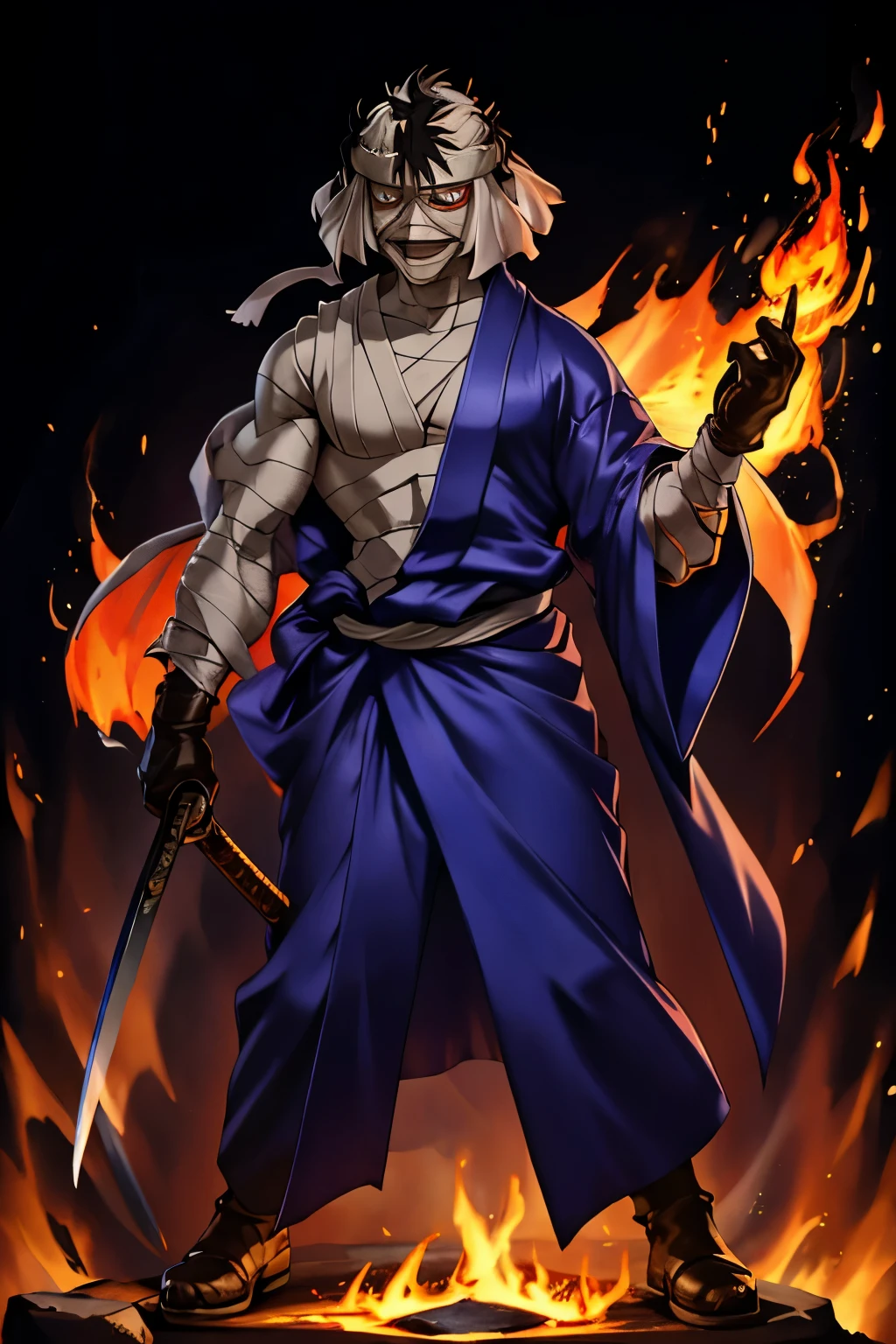 (best quality,8k,highres, masterpiece:1.2).(anime style),ultra-detailed, HDR, UHD, studio lighting, ultra-fine painting, sharp focus, physically-based rendering, extreme detail description, professional, portraits, concept artists, dramatic lighting,Full body bandages including head and face, whole body bandages wrapped like mummies, leather gloves, leather shoes, blue kimono, one sleeve of the kimono is taken off, the body under the kimono is covered with bandages and the body cannot be seen, Shizuo Truth, holding a Japan sword, invincible smile, no skin exposed, boxer-type slender and muscular body, background is blazing flames, hellish fire, inferno, The entire background is covered with flames,samurai x,