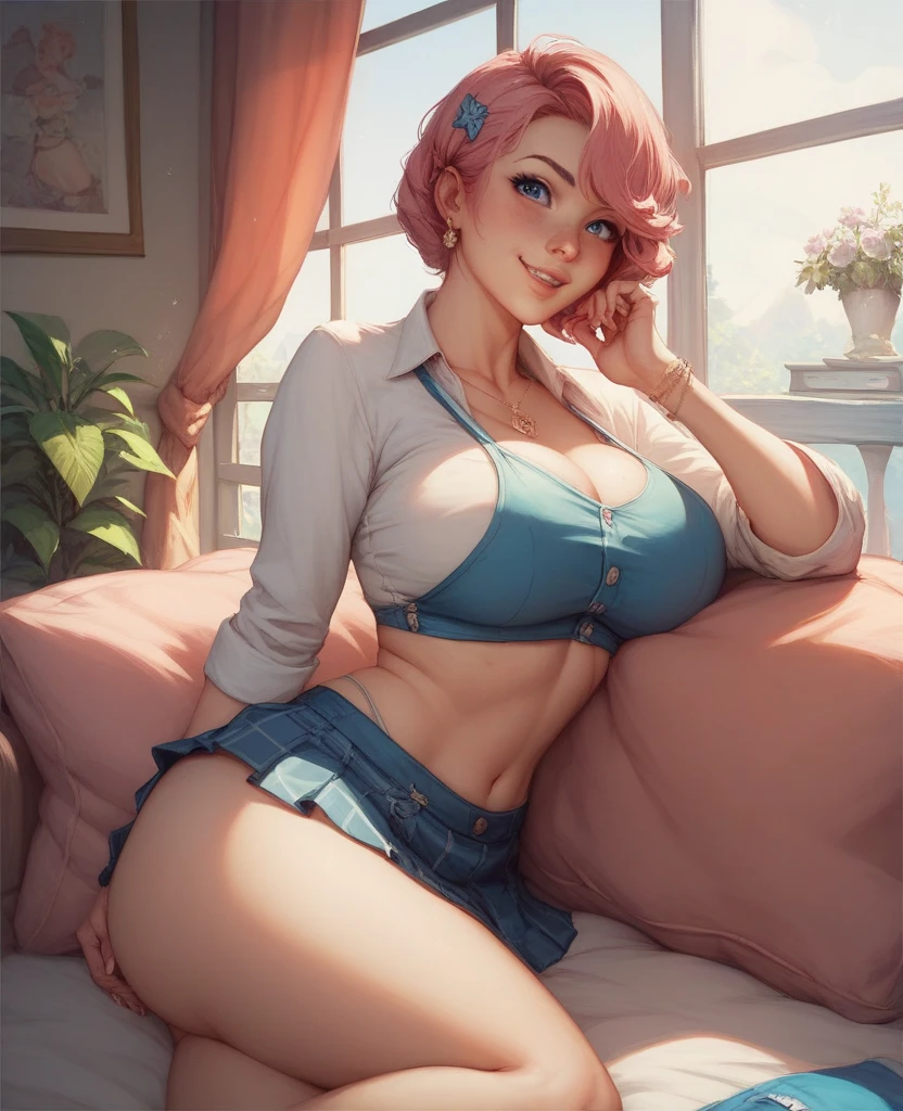 nsfw:1.4, mirabel madrigal, 28 years old, work of art, best qualityer), 1 girl, pink hair, blue eyes, best qualityer, work of art, gazing at viewer, breasts big , topless, thicc thighs, Sexy legs,without nude , new vagina,shaved, transparentes, short body,Inside the house, hips drop, holding hip , innocent wear