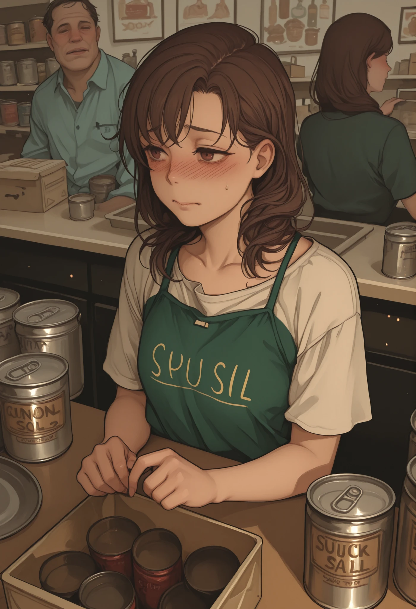 A girl,shy,counter of a store,dependent uniform,canning cans,Dimero,sorting box,chest identification,sick person,serving a customer, buy and sell