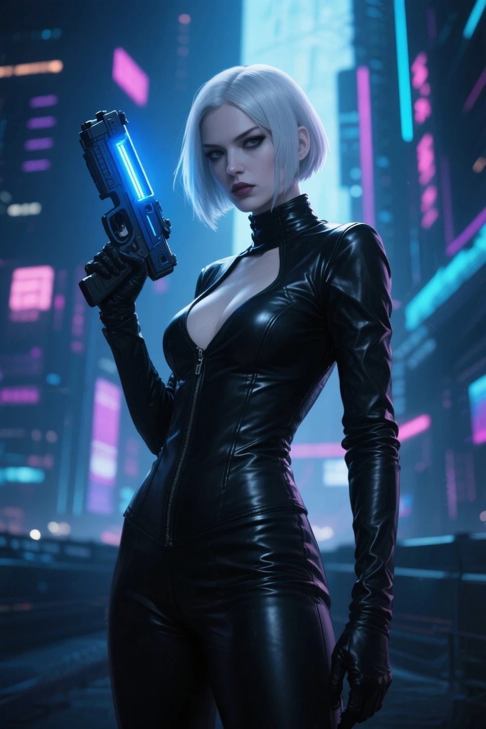 In a futuristic metropolis, a captivating thin skinny slender very short haired pixie blonde embodies photorealistic perfection and sensuality. The details highlight her curves, while the micro string bikini gothic clothing and goth makeup enhance her attractiveness. huge rocket shaped breast In the middle of the cyberpunk urban landscape, an electric atmosphere carries the scent of flowers. Holographic signs shine in the shadows. The rays play with her, fusing charm, goth clothing and makeup with the background. Her digital presence harmonizes with the aura of the metropolis, creating a fascinating online experience. Viewers participate and add their touch in real time to the evolving masterpiece. Interactive events and a narrative guide the online audience through this dynamic and engaging realistic spectacle