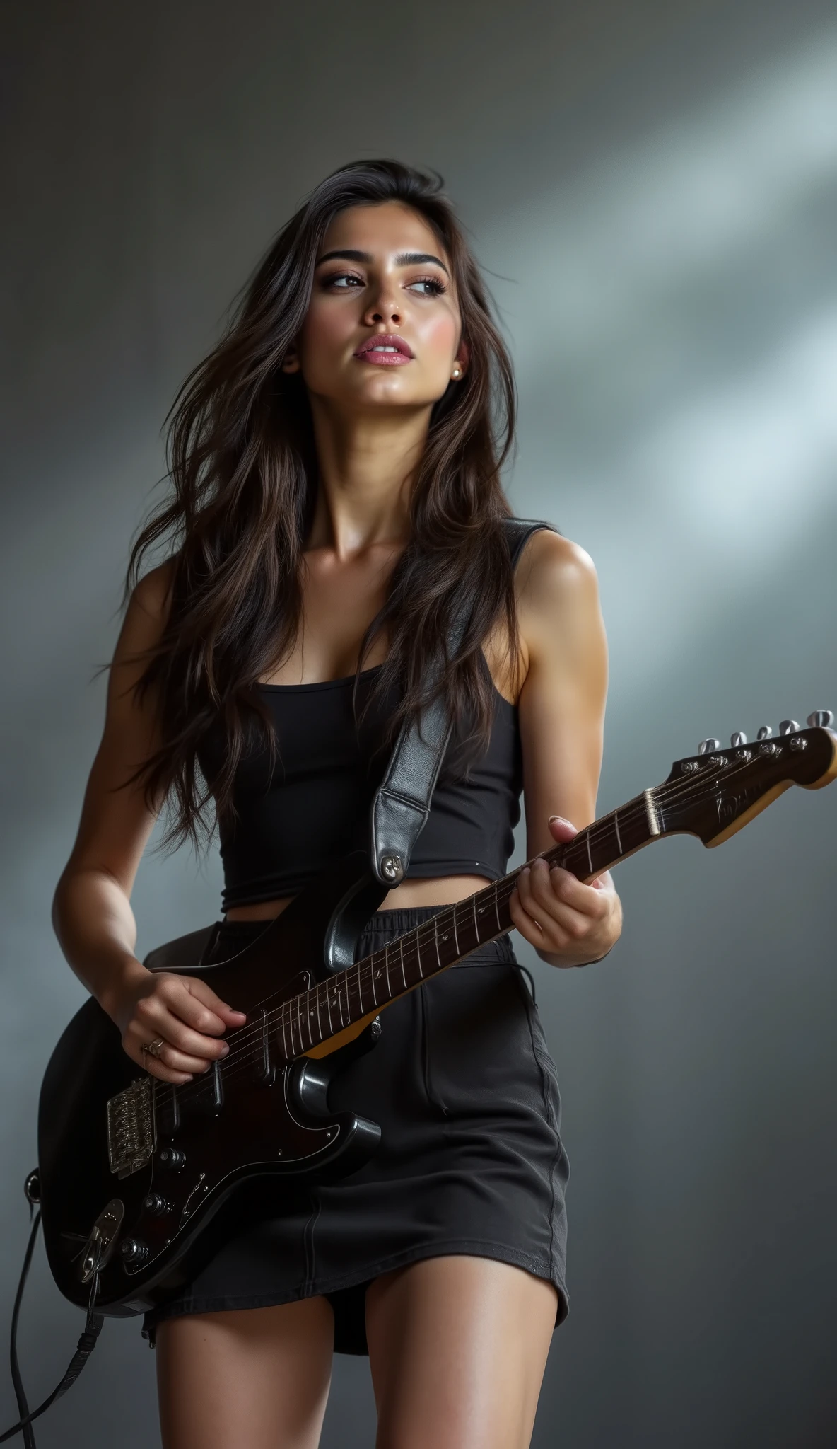 a beautiful girl in black mini skirt is singing and playing electric guitar on stage