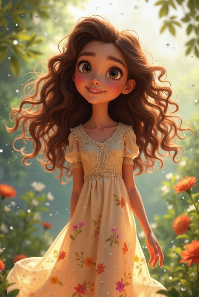 In the cozy confines of a sunlit forest, a one-year-old baby fairy lives with curly hair, rosy cheeks and bright brown eyes. Dressed in a tulle, ruffled fairy dress, her curls bounce happily as she laughs, the sunlight illuminating her skin casting a warm, golden glow over the scene. The air is filled with the sounds of childlike wonder and joy.