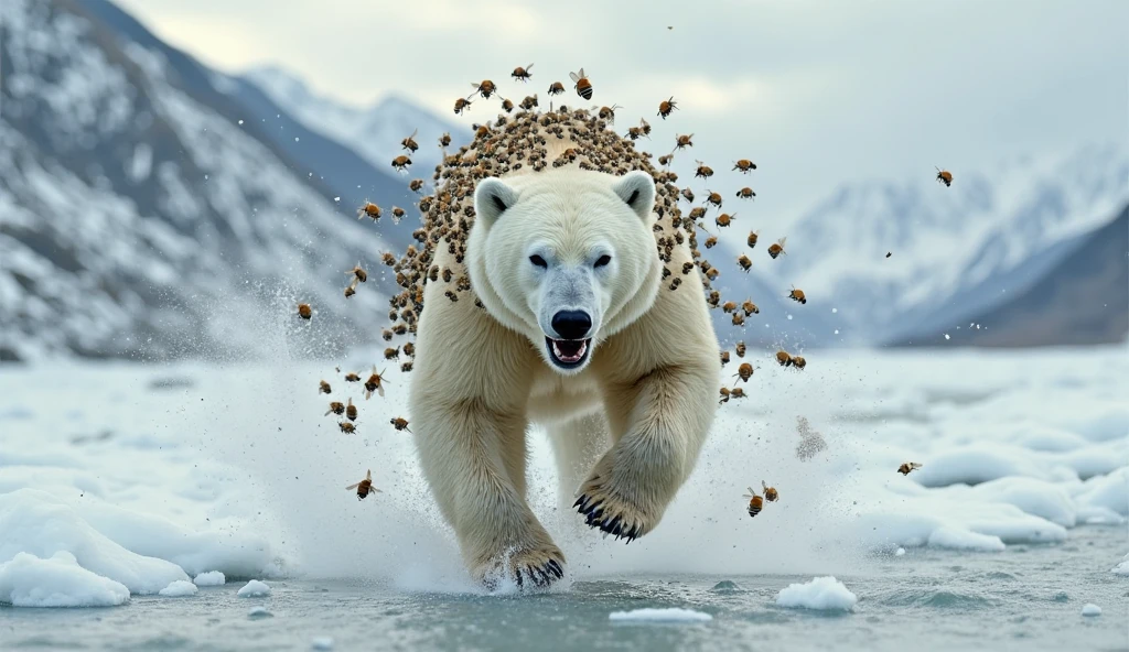 Snow Runtz Buzzing The white bear is running frantically across a snowy, icy landscape ...
