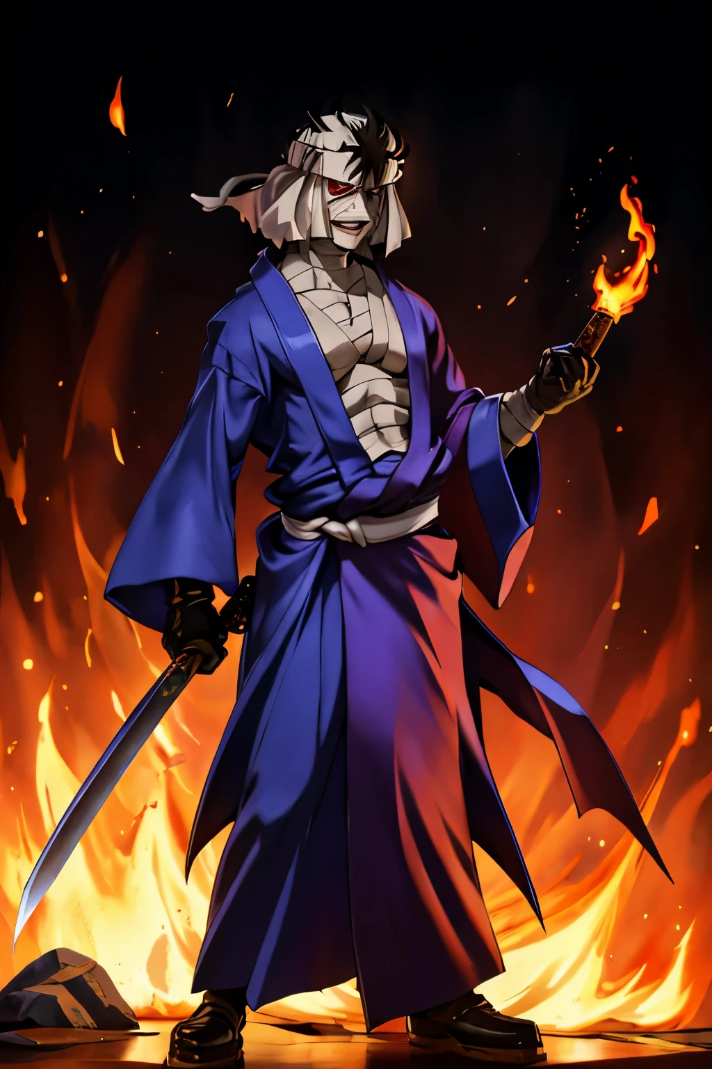 (best quality,8k,highres, masterpiece:1.2).(anime style),ultra-detailed, HDR, UHD, studio lighting, ultra-fine painting, sharp focus, physically-based rendering, extreme detail description, professional, portraits, concept artists, dramatic lighting,Full body bandages including head and face, whole body bandages wrapped like mummies, leather gloves, leather shoes, blue kimono, one sleeve of the kimono is taken off, the body under the kimono is covered with bandages and the body cannot be seen, Shizuo Truth, holding a Japan sword, invincible smile, no skin exposed, boxer-type slender and muscular body, background is blazing flames, hellish fire, inferno, The entire background is covered with flames,samurai x,