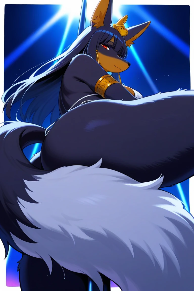 fox0808 (style), ((masterpiece)), ((8k quality)), (no watermark), stolas, male, looking at viewer, one hand on hip, detailed alley, (solo:1.4), sleek, shiny slime suit, goo, gooey, tail feathers, butt, ass,