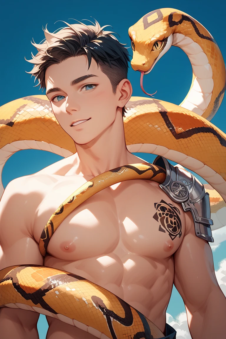 Watercolor, in the style of Caravaggio, a masterpiece A young man, beige Slip panties that show off your thighsin clothes torn to shreds fights off a brown anaconda coiled around him