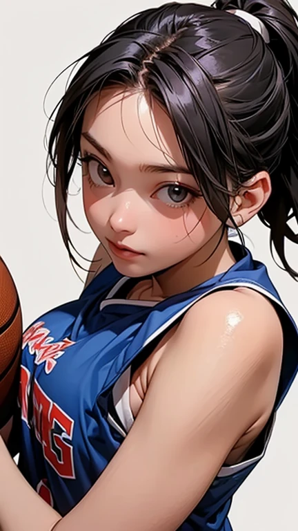 SoraDigi,momo girls、close up , big eyes, cute face, Glowing Skin,
(beautiful girl : 1.3),1 girl on break day,(basketballのユニフォーム,wristband,sneakers,basketball),black hair,ponytail,confident expression、sweat,jump,basketballフープにダンクシュートを決める, simple color background ,active,Dynamic angle,masterpiece,Highest Quality,Rich Contrast,high image quality,8k,High Definition CG Unit Wallpaper,texture, RAW Photo ,Deep Boundaries 1 .2,very detailed depiction、headband