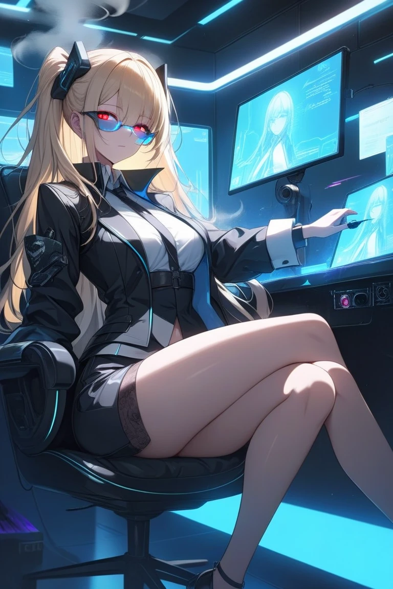 (8K，Super details，best masterpiece，nature，perfect work of art，perfect female figure) anime girl lawyer sits in front of a monitor, stares into the monitor and conducts an online law counseling session.
